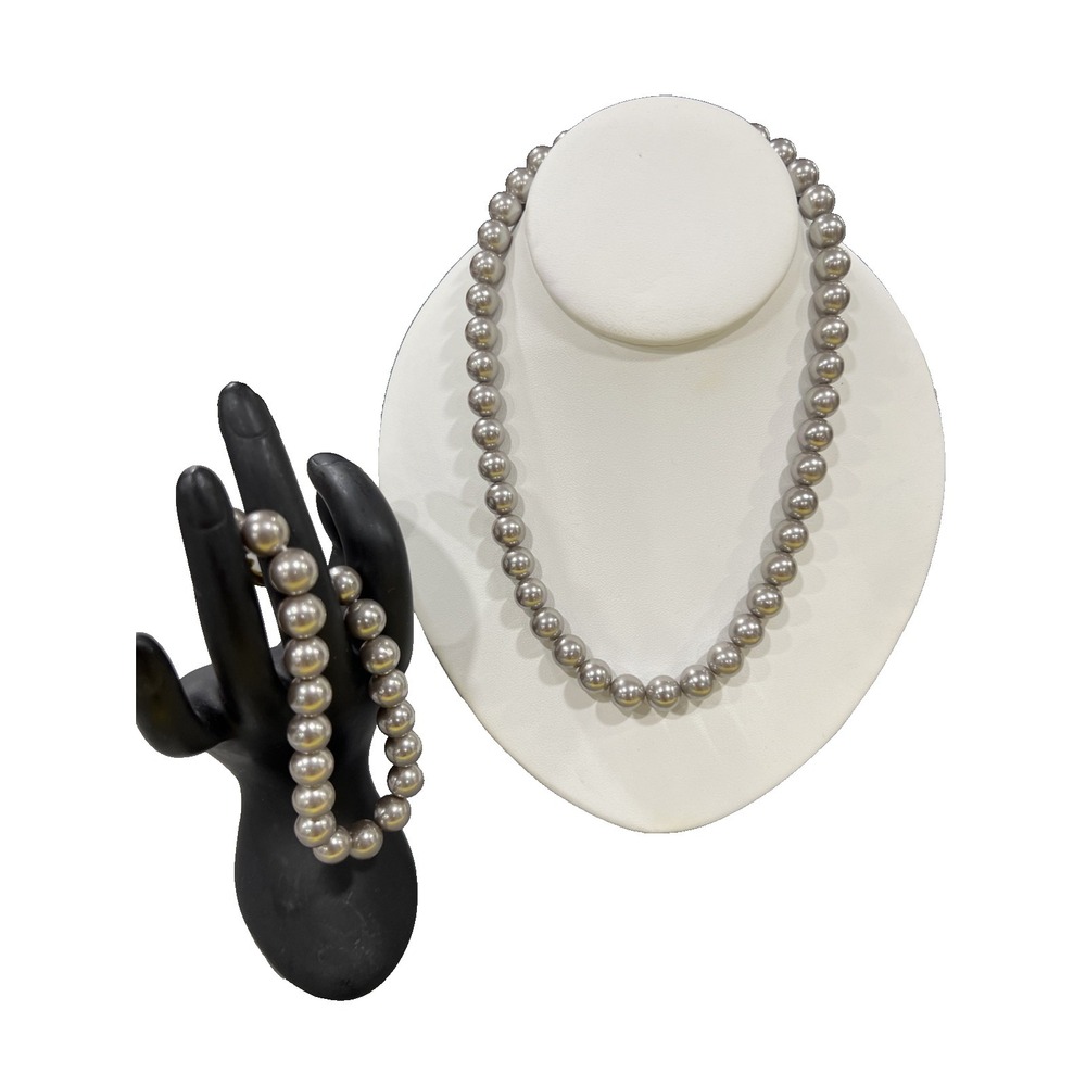 Gray Glass Faux Pearl Necklace Bracelet Set  Chunky Classic Elegant 18" Chain